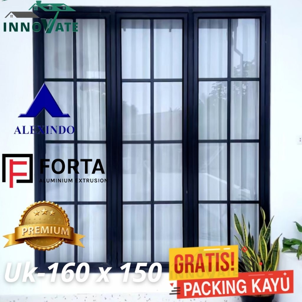 jendela alexindo aluminium 3 daun T160 x L150 Free packing kayu