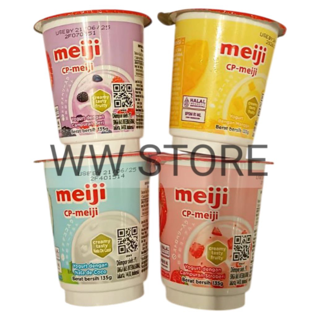 

Yogurt dengan campuran buah beri stroberi mangga Nata de Coco halal MUI Thailand CP - meiji Strawberry Berry Mix Mango 135g
