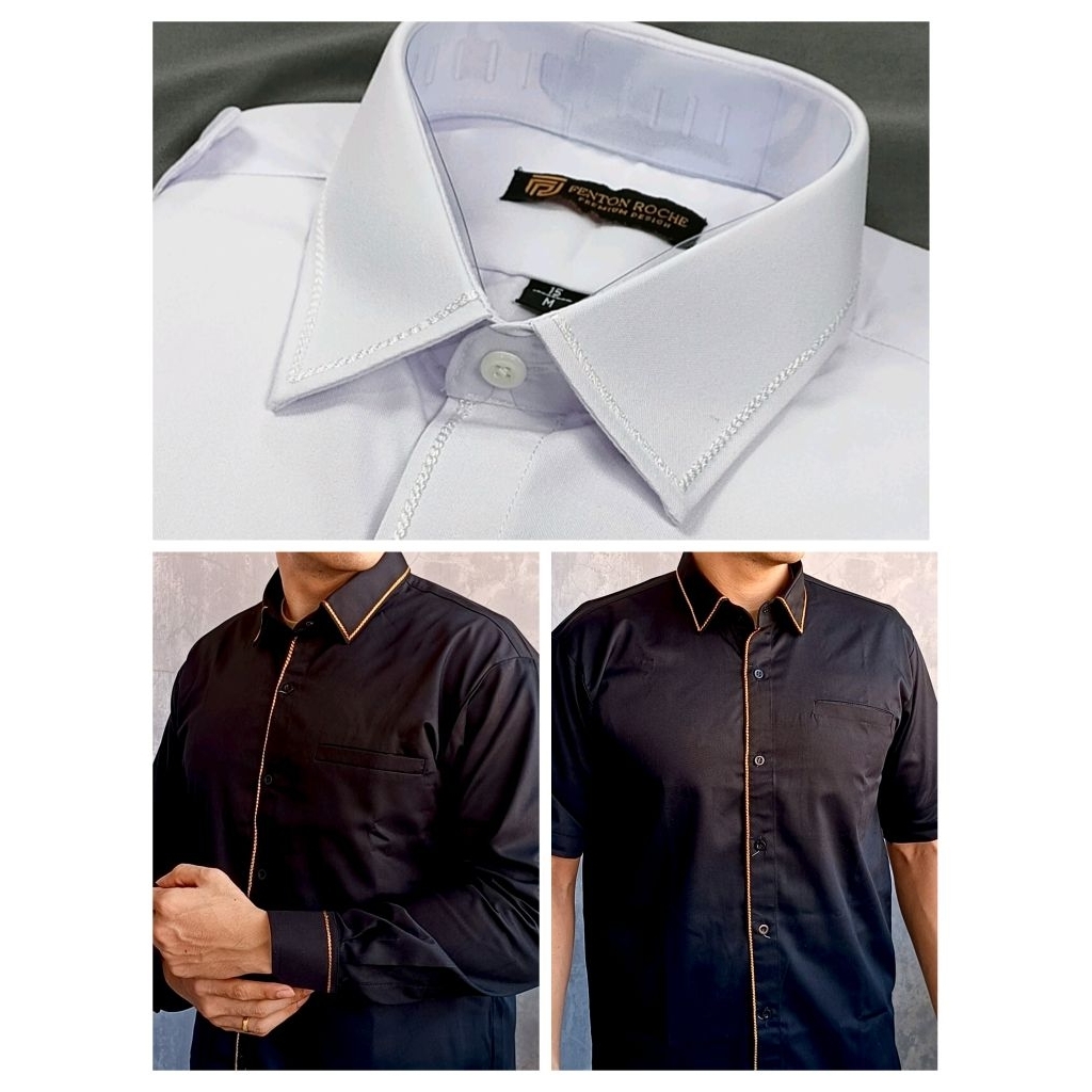 Kemeja Pria Non Pangkat Kantong 2 Benang Smuck Putih Hitam & Navy Lengan Panjang & Pendek