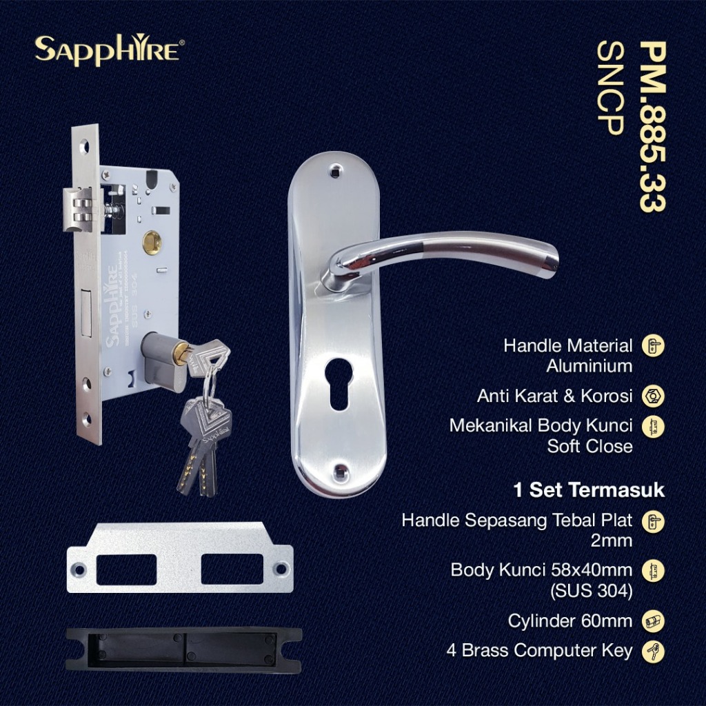 Sapphire Kunci Pintu Set Lengkap PM.885.33 SNCP Handle Medium Tanggung 20cm Kunci Slot Gagang Pintu