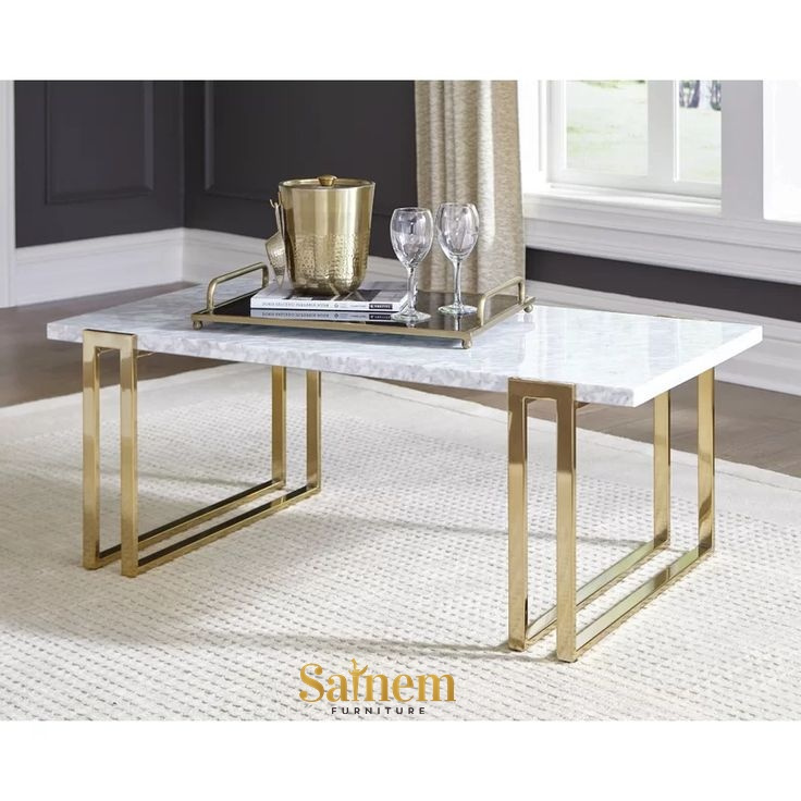 Meja Tamu Marmer Putih Kaki Gold – Desain Mewah Minimalis Elegan untuk Ruang Tamu