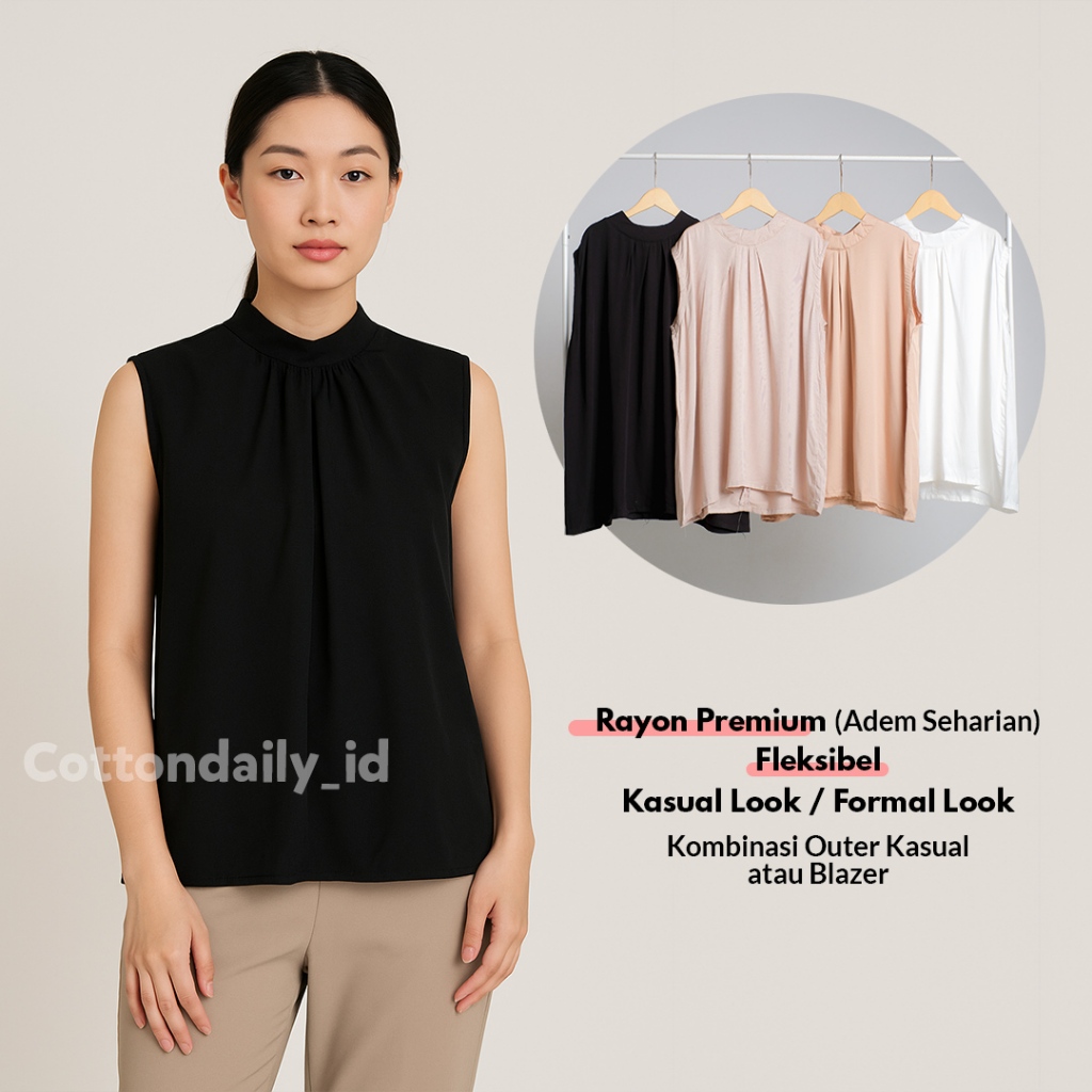 Inner Rayon Wanita Tanpa Lengan Highneck Dalaman Blazer Blus Blouse Hijab Adem Polos Sleeveless