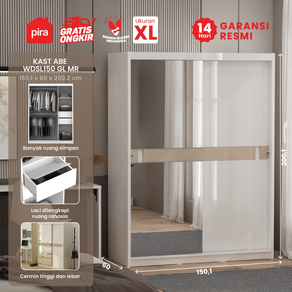 Pira - Kast ABE WDSL150 GL MR Lemari Pakaian Pintu Geser / Sliding dengan Cermin
