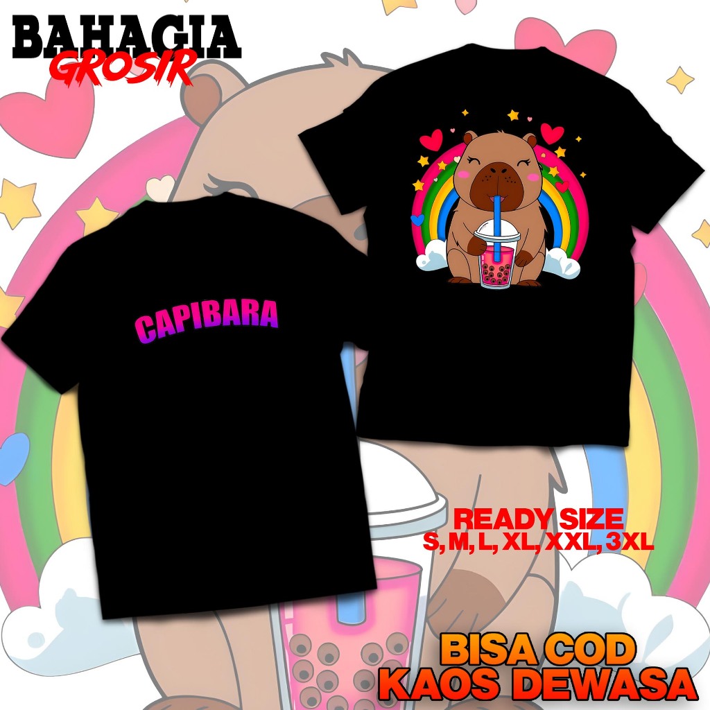 BAJU DEWASA CAPYBARA PELANGI - KAOS ANAK REMAJA MOTIF TREN POPULER - TSHIRT DISTRO PREMIUM LENGAN PE
