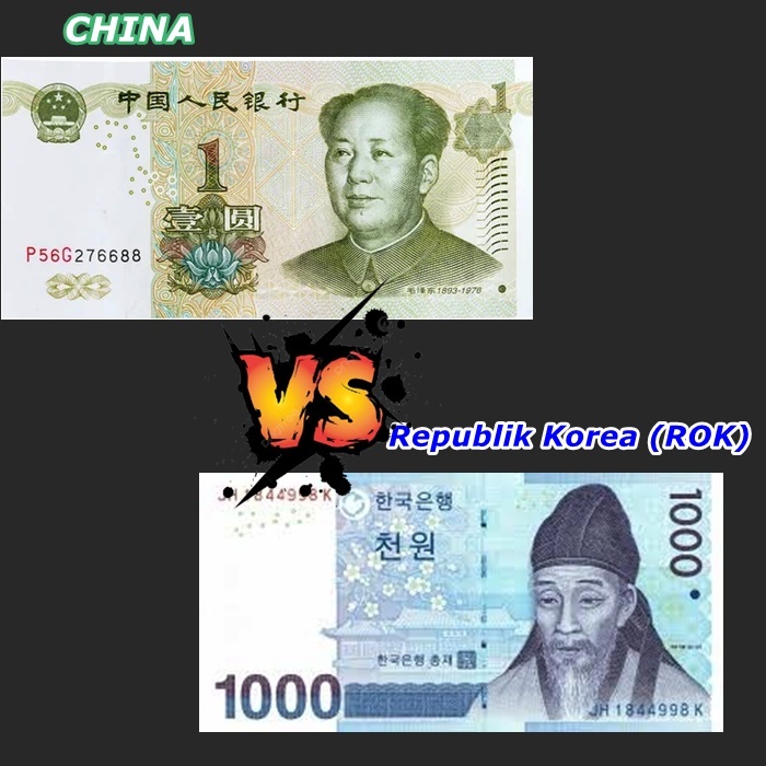 Koleksi  1000 Won Korea selatan dan 1 Yuan China Cina Asli