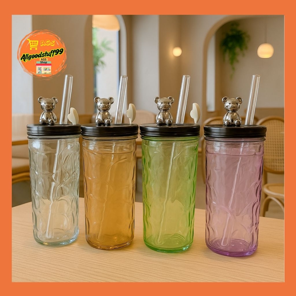 Gelas Tumbler Kaca Kekinian Tutup Happy Bear Sedotan Kaca Suvenir Cantik