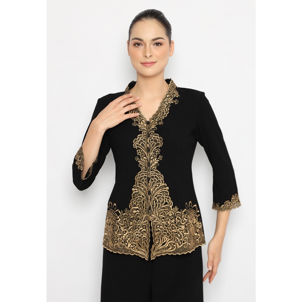 Lyne Halim Blouse Kebaya Bordir Emas, Hitam 7397