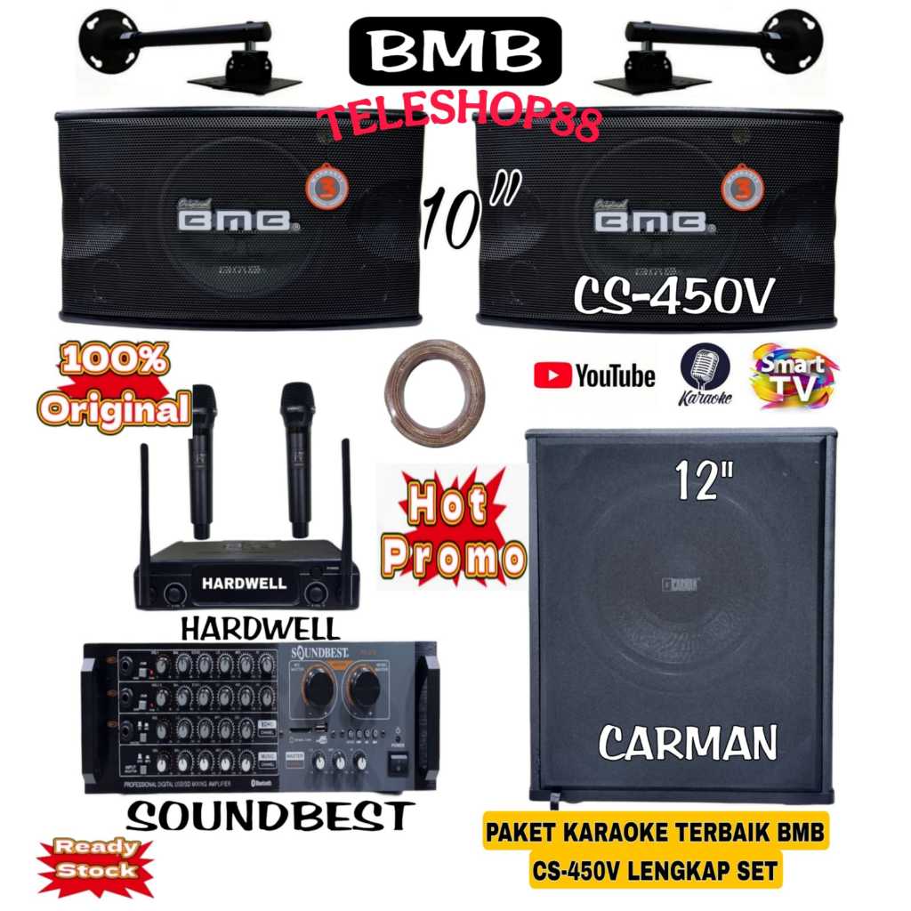 Paket Karaoke Speaker Pasif 10 Inch BMB CS450V+Subwoofer 12Inch+Power Amplifier Soundbest+1 Set Mic 