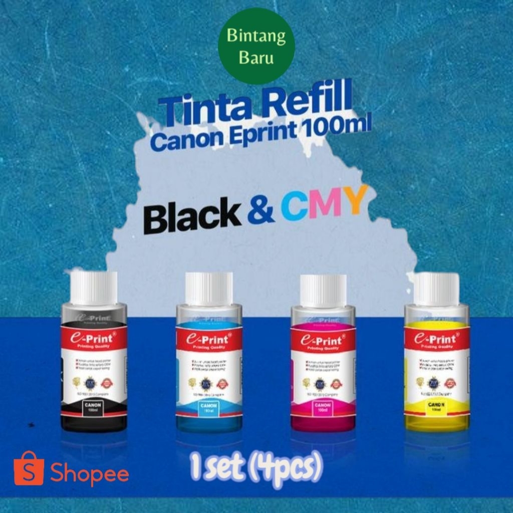 1 Set Tinta Compatible Canon 100ml Tinta Eprint Canon untuk printer Canon 1 set 4 pcs warna - Black,
