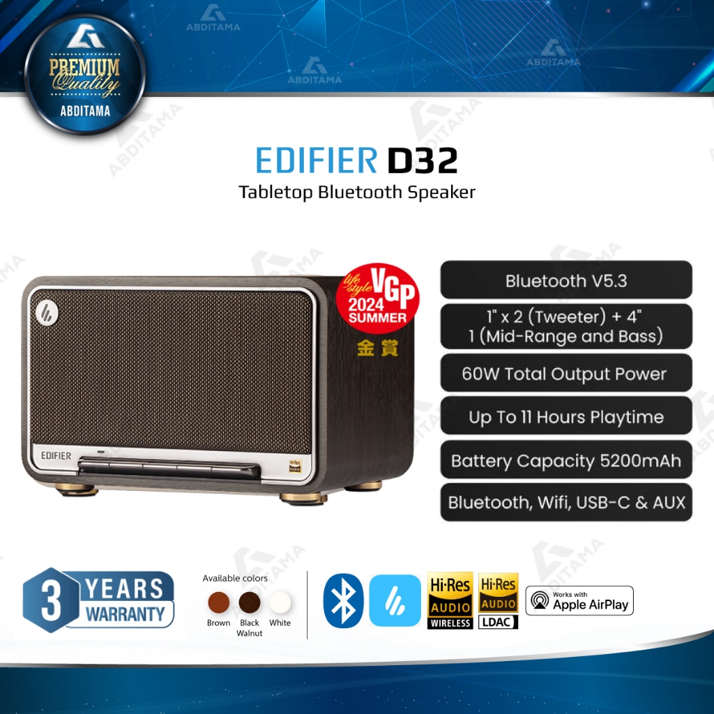 EDIFIER D32 Tabletop Speaker 60W Bluetooth 5.3 AUX 3.5mm Dual Driver Wood