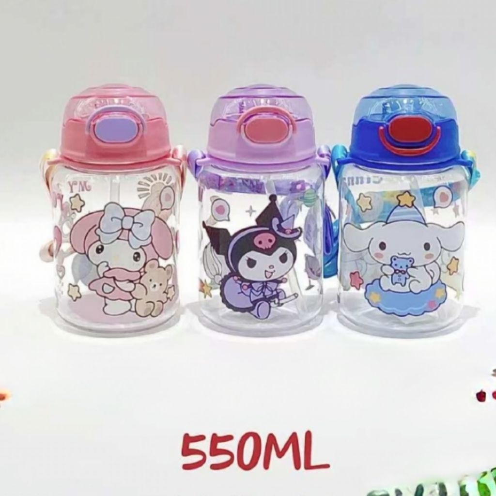 Botol Minum Anak TK SD Kuromi Cinnamoroll Melody Tempat Minum dengan SEDOTAN, TALI PANJANG dan HANDL