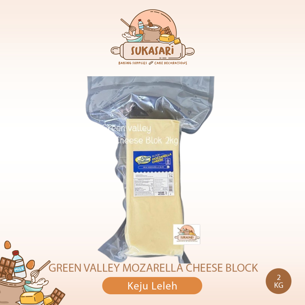 

Green Valley Mozarella Cheese 2kg Blok Keju Pizza moza lentur leleh pastry cheese