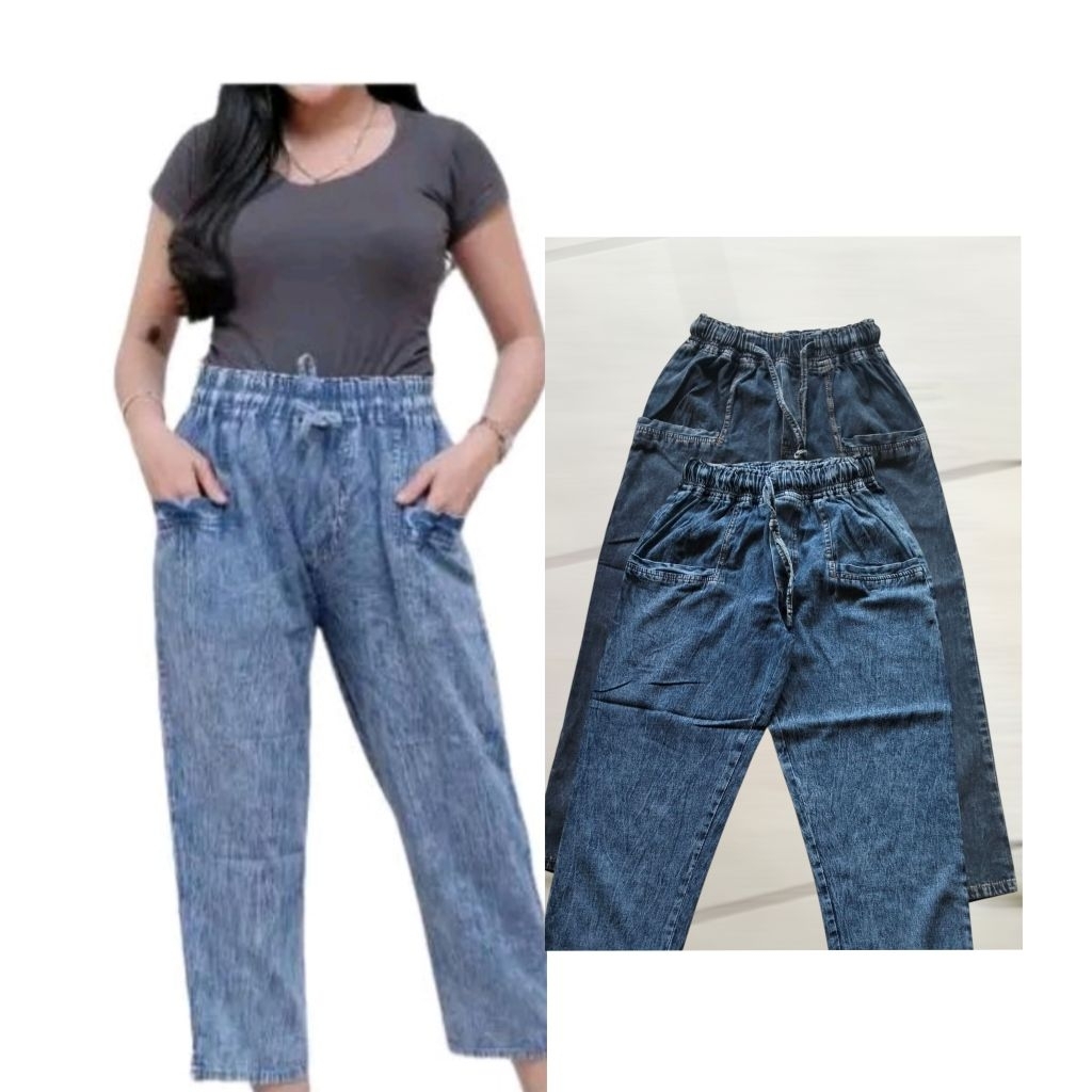 celana jeans wanita7/9 bagypant/ pinggang karet