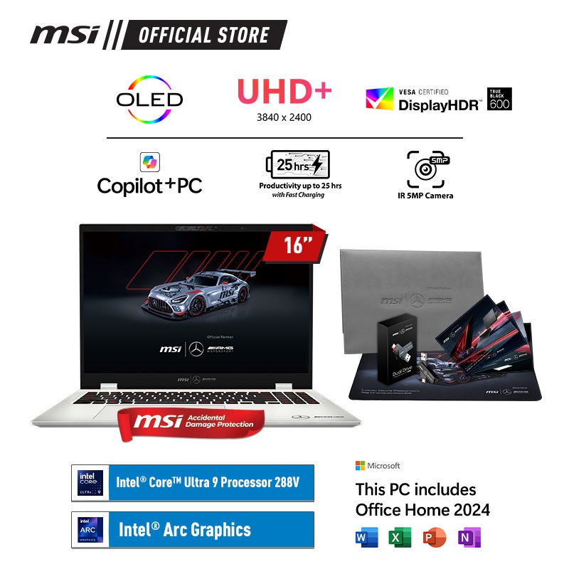 MSI PRESTIGE 16 AI+ MERCEDES ULTRA 9-288V 32GB 1TB W11+OHS 16UHD+ OLED 100%DCIP