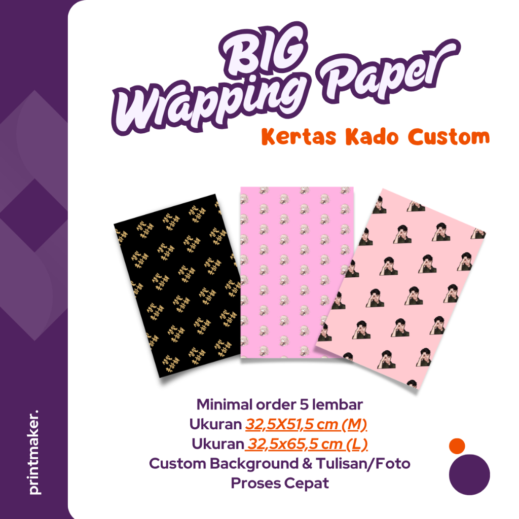 

Kertas Kado Custom Unik Foto & Tulisan – Wrapping Paper Ukuran Besar - Cocok untuk Kado Ultah, Nikah - Ukuran L & M