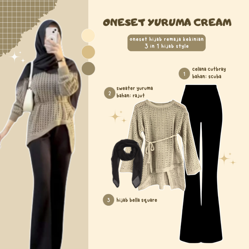 Ootd One Set Hijab ( Blouse Rajut + Celana Cutbray + Hijab ) Outfit Wanita Kekinian - AM11N
