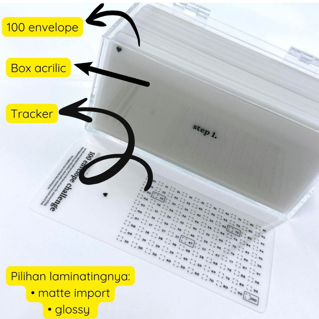 

100 savings challenge with acrylic box exclusive - envelope matte laminating - amplop uang nabung