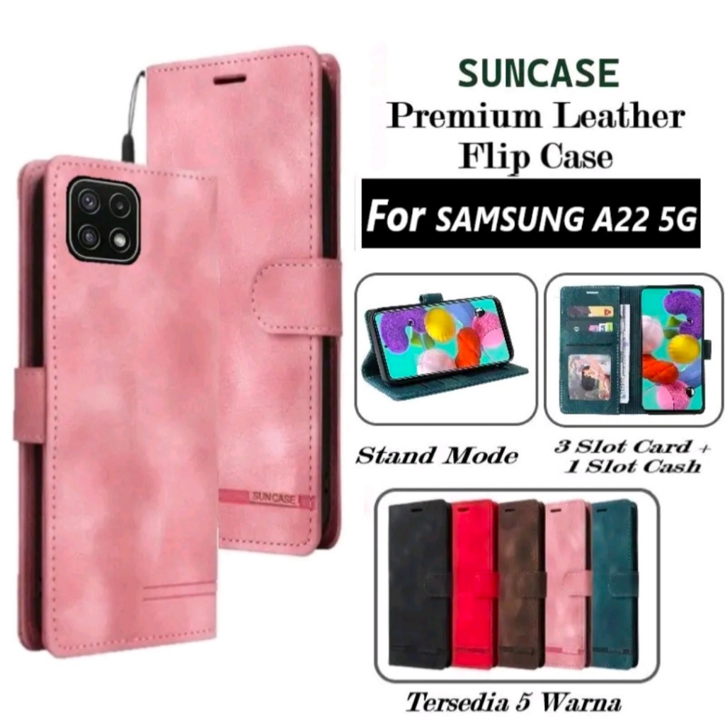 Casing hp SAMSUNG A22 5G model flip dompet softcase premium ada tali