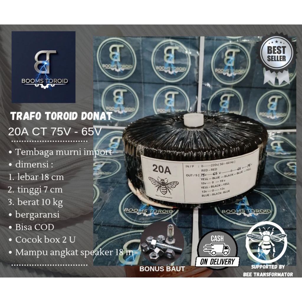 trafo toroid donat 20A CT 75V - 65V murni