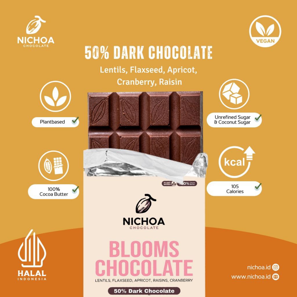 

Blooms 50% Dark Chocolate - Pregnancy Chocolate - Flaxseed, Apricot, Raisins, Cranberry - Vegan