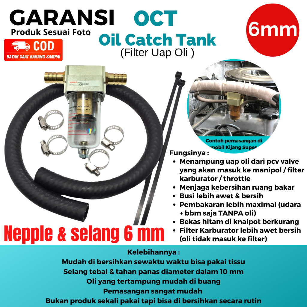 OCT 6 mm Filter Uap Oli Mesin OCT Oil Cath Tank Variasi Sparepat Mobil Penampung Uap Oli Mesin Separ