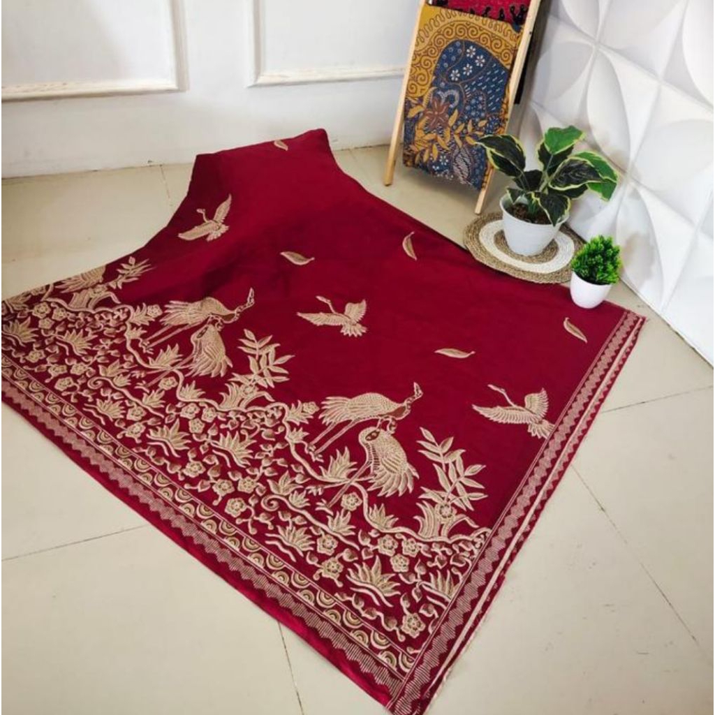 Kain batik katun premium motif bangau maroon