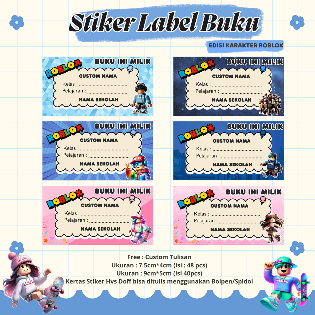 

(48pcs) Stiker Label Buku Custom Nama I Stiker Label Nama Anak Sekolah I Stiker Label Buku Karakter Roblox