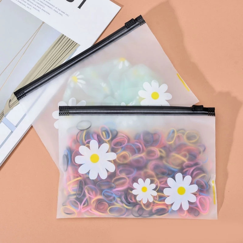 Zipper Bag Organizer Transparan Doff Motif Bunga Daisy/Kantong Travel/  Pouch Masker Transparan Kara