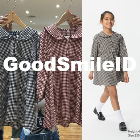 SALE GIRLS Gaun Motif Kotak Lengan Panjang Dress Anak Perempuan KIDS UNIQLO JASTIP