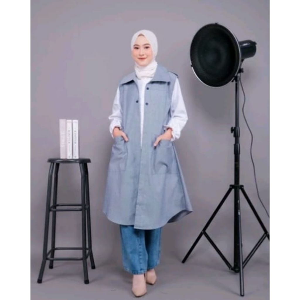 OUTER ROMPI VEST PANJANG ATASAN WANITA MUSLIMAH BAHAN OXFORD TEBAL HALUS AUREL BISA COD