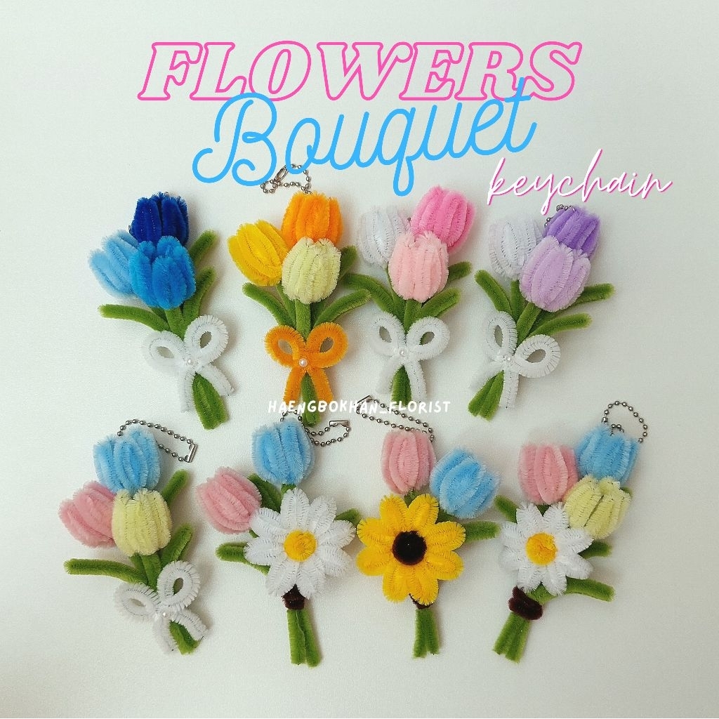 Flowers Bouquet Bag Charm Keychain / Buket Bunga Gantungan Kunci / Tulip Daisy Sunflower Bunga Kawat