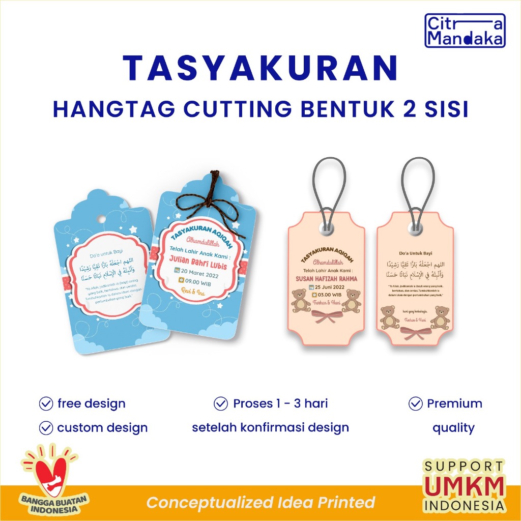 

Hang Tag Custom Pola 2 Sisi Souvenir Tasyakuran Aqiqah Kelahiran Bayi
