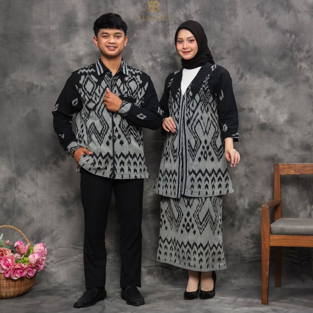 Couple Kondangan One Set Kekinian dan Kemeja ALVARA Utari Hitam Terbaru Batik Tenun Big Size Jumbo.