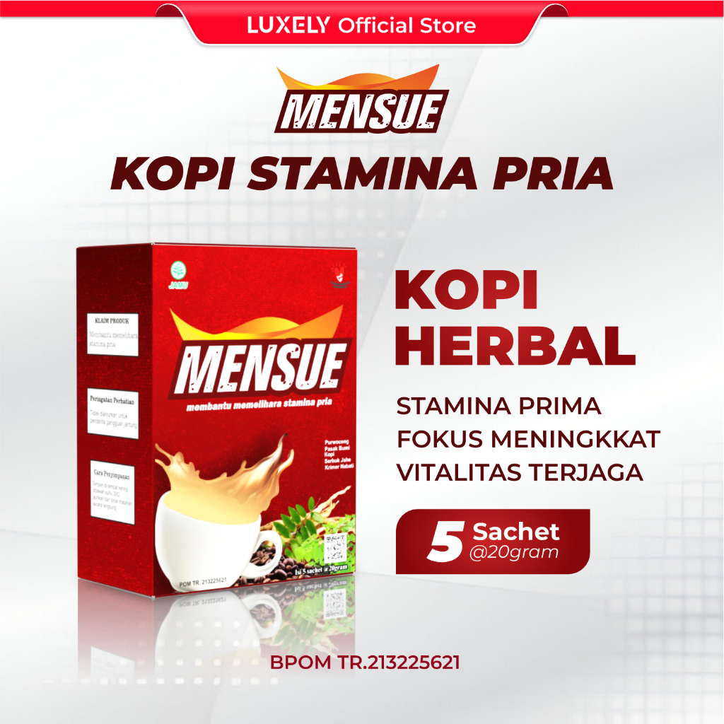 

MENSUE Kopi penambah Stamina vitalitas Pria dengan Herbal Ekstrak Purwoceng isi 5Sachet