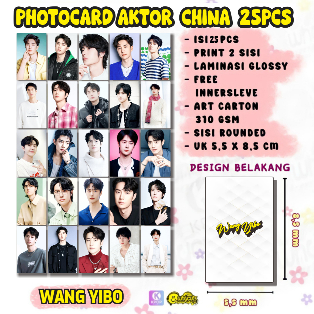 25PCS Photocard Aktor China Wang Yibo Print 2 sisi laminasi glossy tebal
