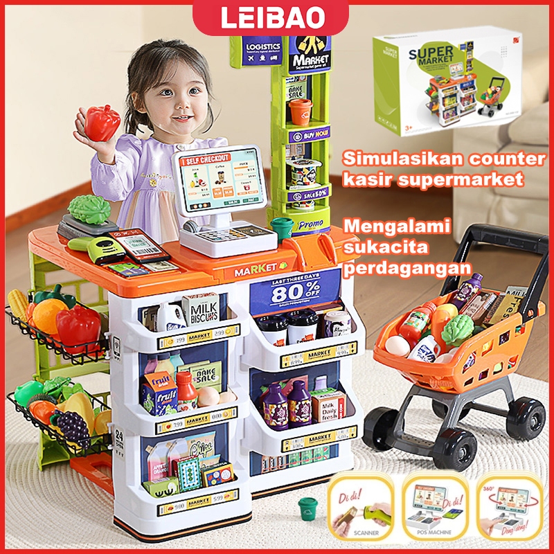 LEIBAO 82cm Mainan Anak Home Supermarket Set Jualan Dan Belanja Supermarket Trolley Belanja Supermar