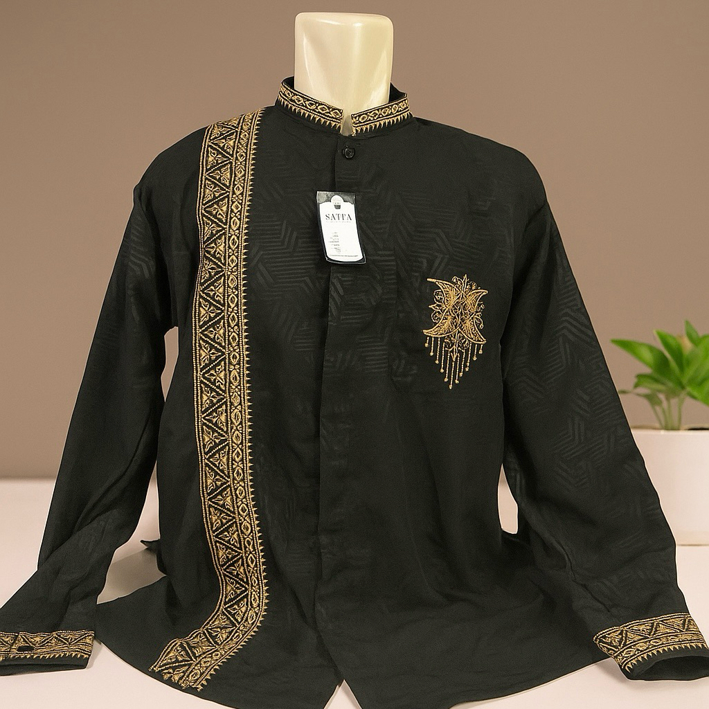 Baju Koko Pria Embos Motif Bordir Selempang Karawang Gayo