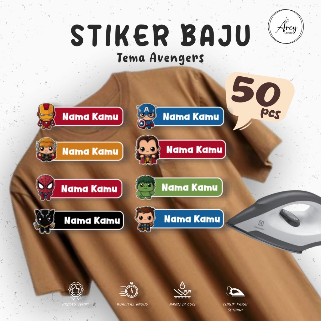 

( 50 pcs ) Custom Cetak Stiker Kain Label Nama DTF tema Avengers Sablon Setrika