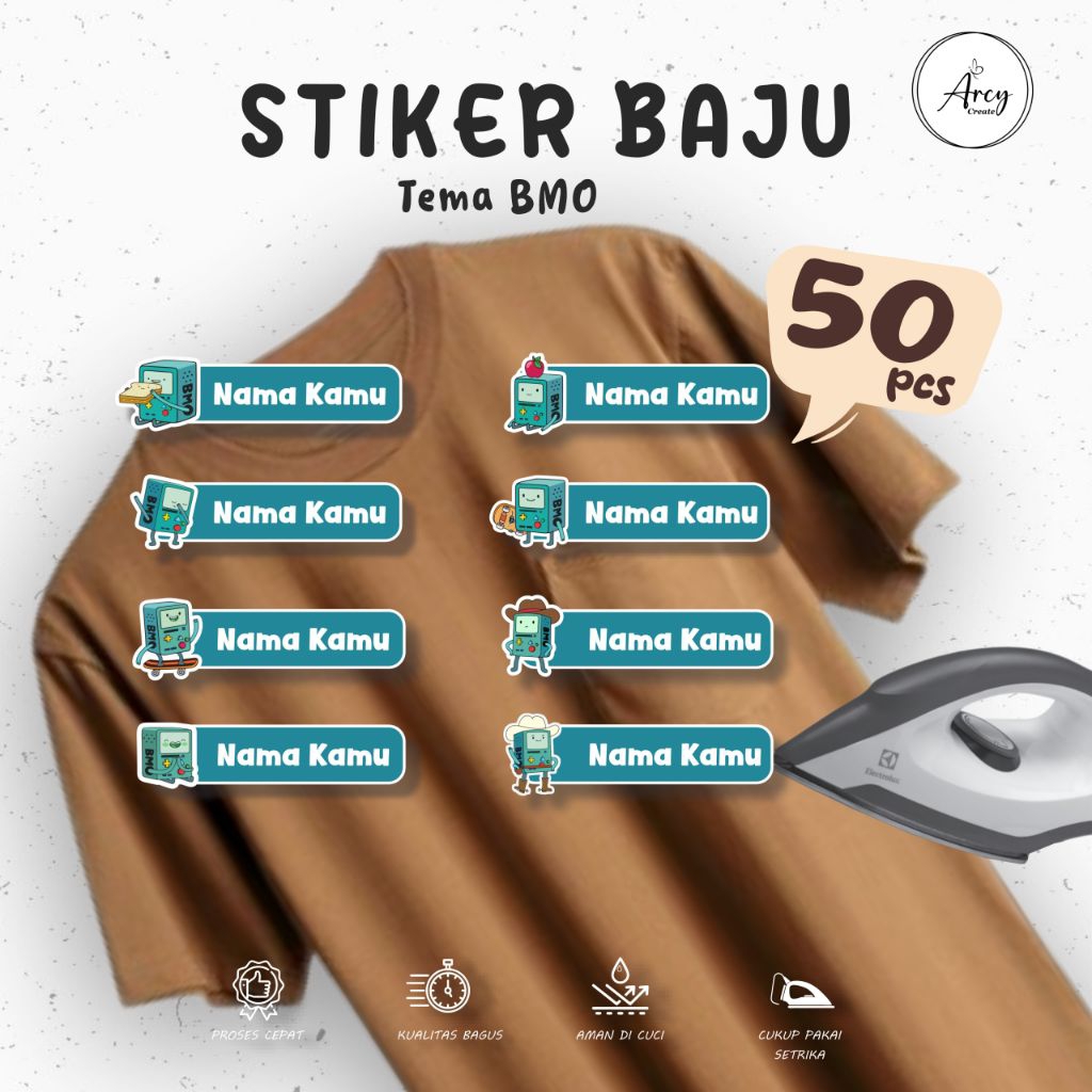 

( 50pcs ) Custom Cetak Stiker Kain Label Nama DTF tema BMO Sablon Setrika