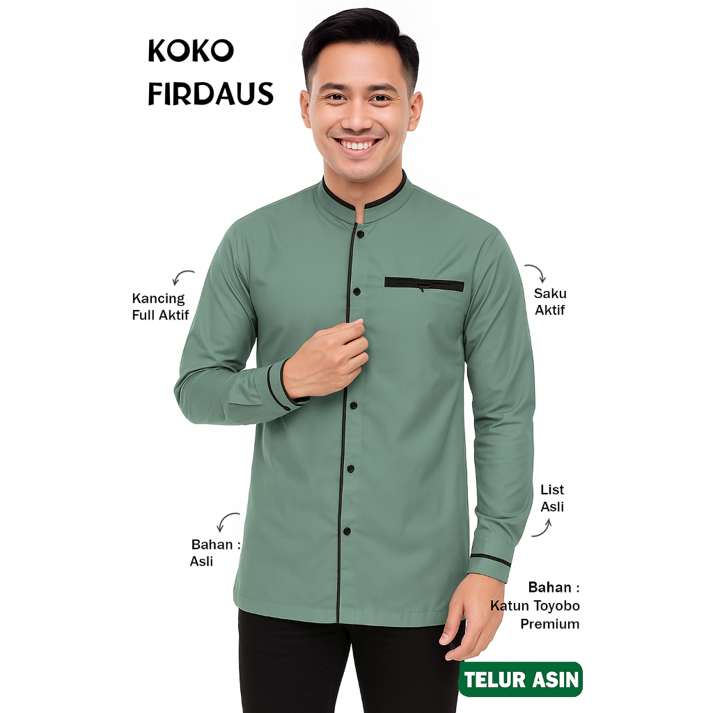 BAJU KOKO FIRDAUS | Baju Koko Pria Muslim Modern Polos Lengan Panjang Size M L XL XXL XXXL