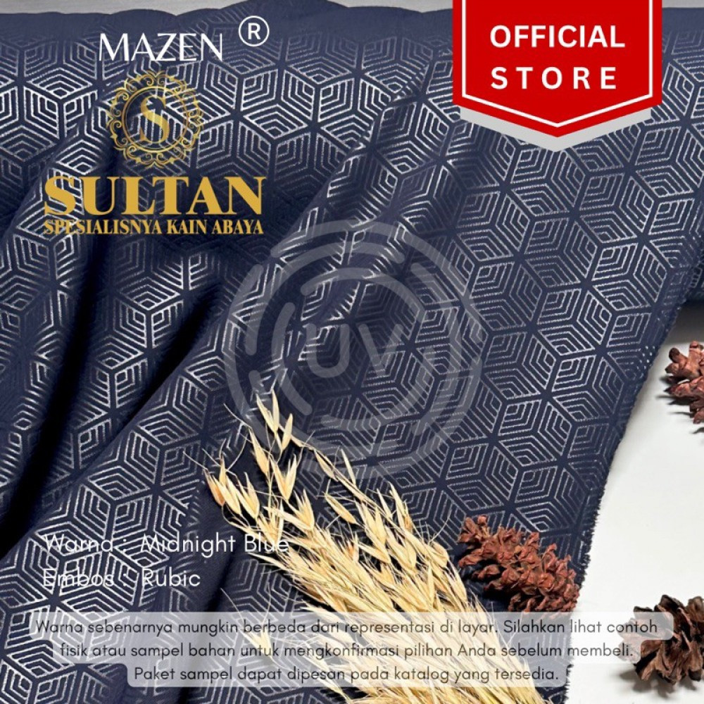 Kain abaya Sultan Mazen Warna Midnight Blue Embos Rubic, Braid dan Batik Songket 50 cm (Harga per-se