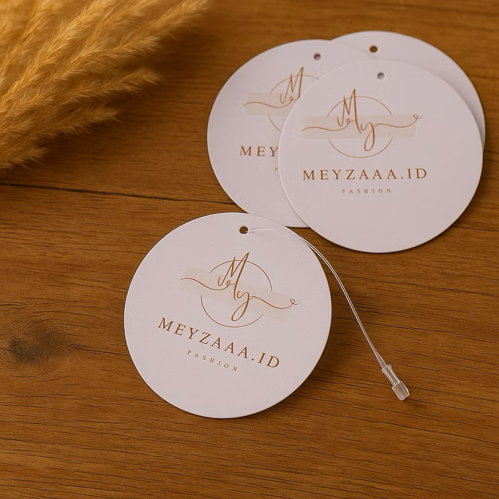 

Cetak label hangtag baju Hangtag fashion pakaina kaos bulat 1 sisi