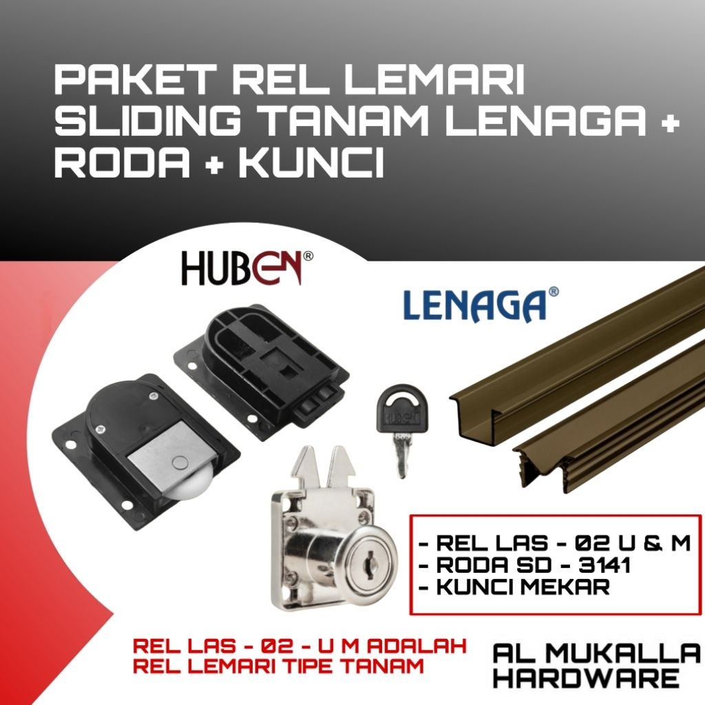 Paket Rel Lemari Sliding Tanam LAS - 02 - U M Lenaga  - Rel Lemari Geser Lengkap Dengan Kunci + Roda