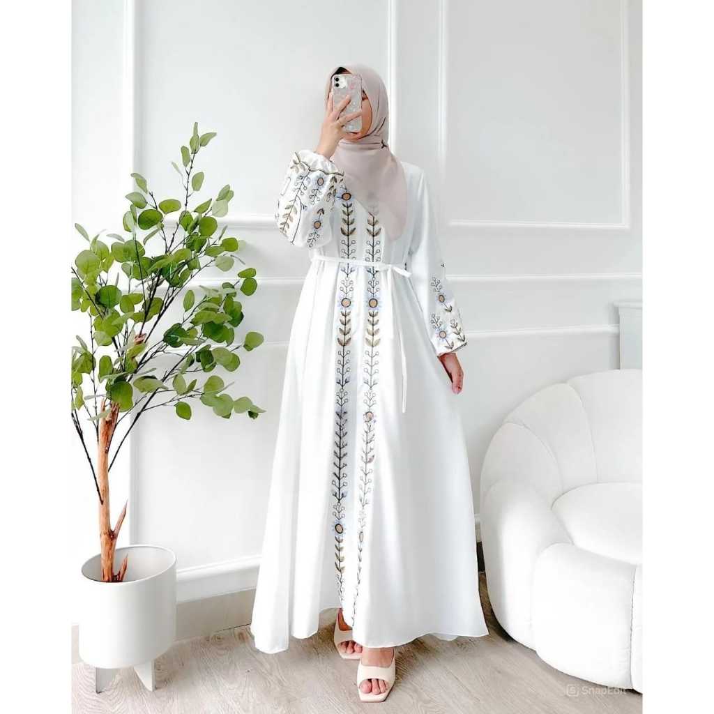 Rauna Dress Gamis Kringkel Airflow Kombinasi Bordir Motif Bunga Gamis Abaya Hitam  Putih Dress Pesta
