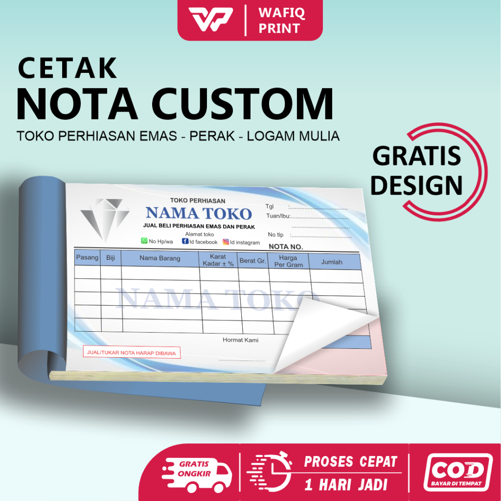 

Cetak Nota custom emas satuan ukuran standar 16x10 cm 1 ply 2 ply gratis dsign full warna kwitansi