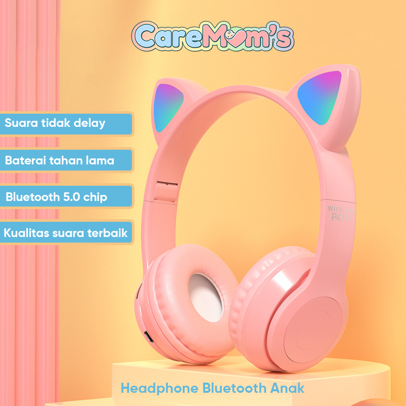 CareMom’s LED Cat Ear Bluetooth Headphone – Headphone Lipat Bass Stereo, Mic, dan Mode Kabel-AUX