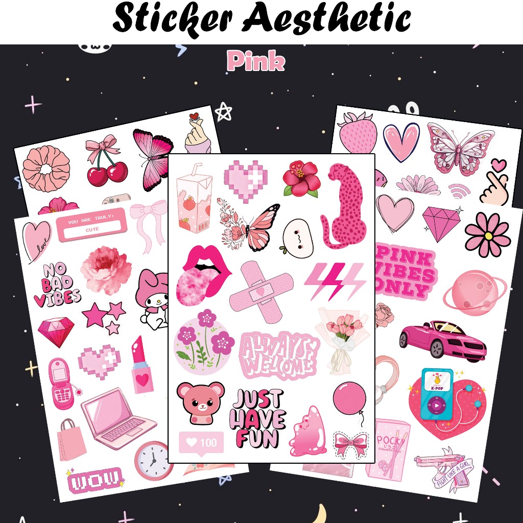 

Sticker Aesthetic A6 Pink Waterproof sticker tema warna stiker estetik anti air pack merah muda glossy Vintage jurnal color Deco Korea kawai lucu simple