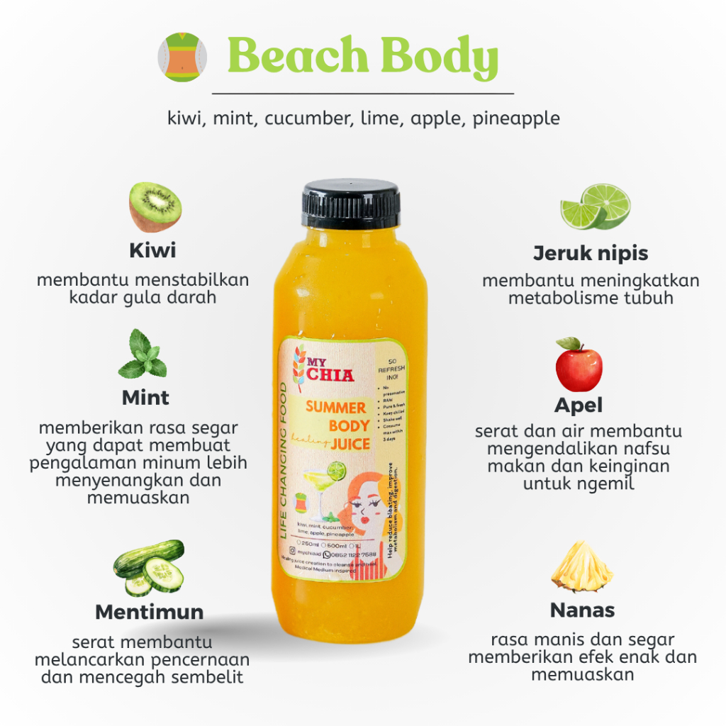 

Beach Body Healing Juice 500ml Jus Diet Low Calorie Cold Pressed My Chia