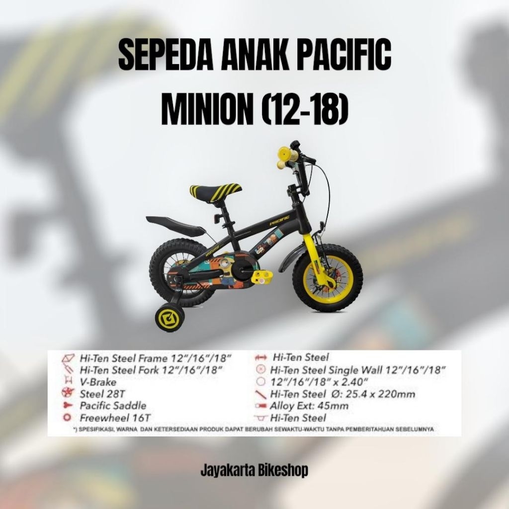 SEPEDA ANAK 12 | 16 | 18 PACIFIC MINION | KIDS CITYBIKE CHARACTER BIKE ORIGINAL DAN BERGARANSI