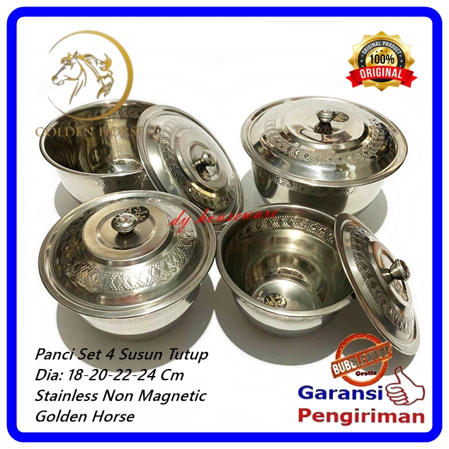 Panci Set 4 Susun Tutup Panci Stainless Steel Ukir Tebal 24-22-20-18 Cm 555 Golden Horse ( Harga 1Se